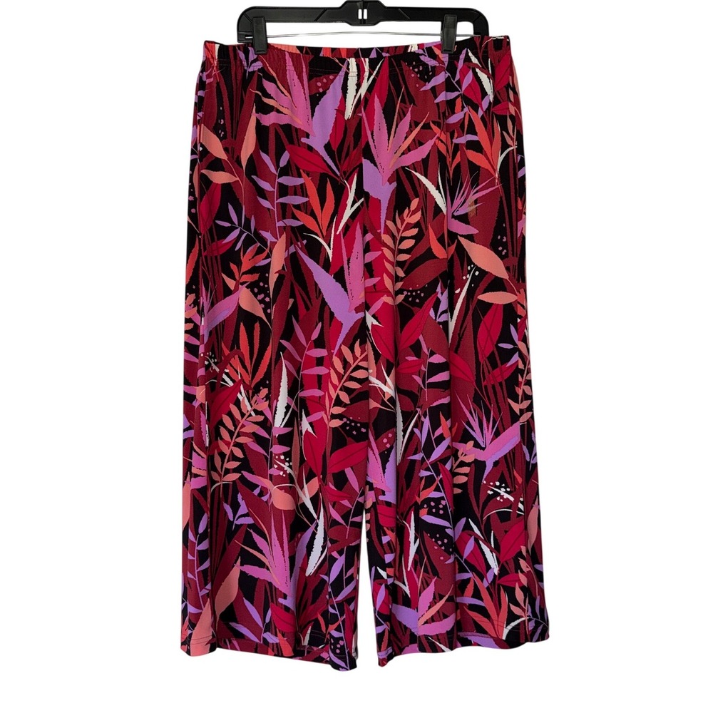 Bob Mackie Wearable Art Red Purple Tropical Leaf Wide Leg Cropped Pants Large
